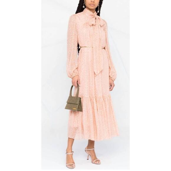 $750 Zimmermann Metallic Polka Dot Tie Neck Dress Blush Pink Gold Belt US 6 S M - Picture 1 of 16